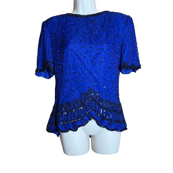 JMD New York Vintage Royal Blue Beaded Top Blouse M - Picture 2 of 7